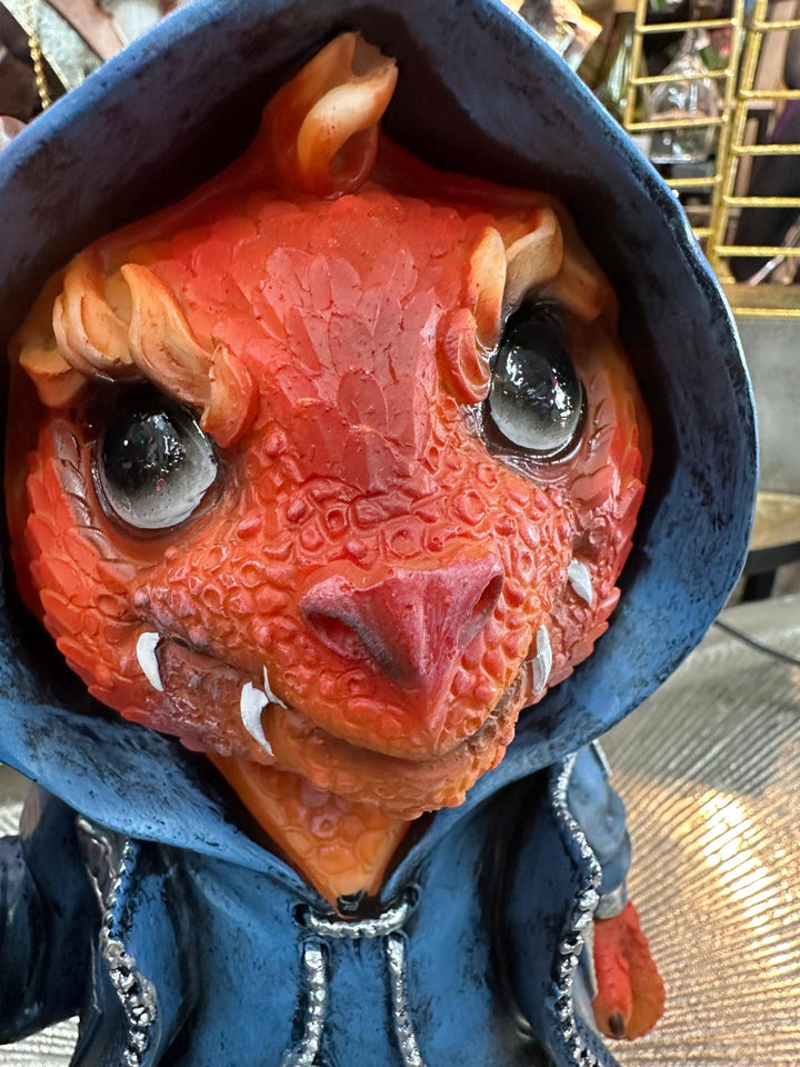 Cheeky Red Dragon Resin Figurine in Blue Suit – Cute Fantasy Home Décor Statue