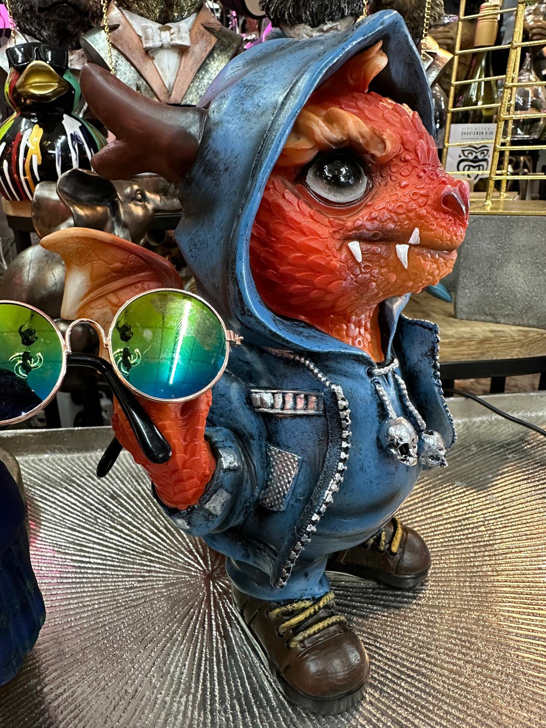 Cheeky Red Dragon Resin Figurine in Blue Suit – Cute Fantasy Home Décor Statue