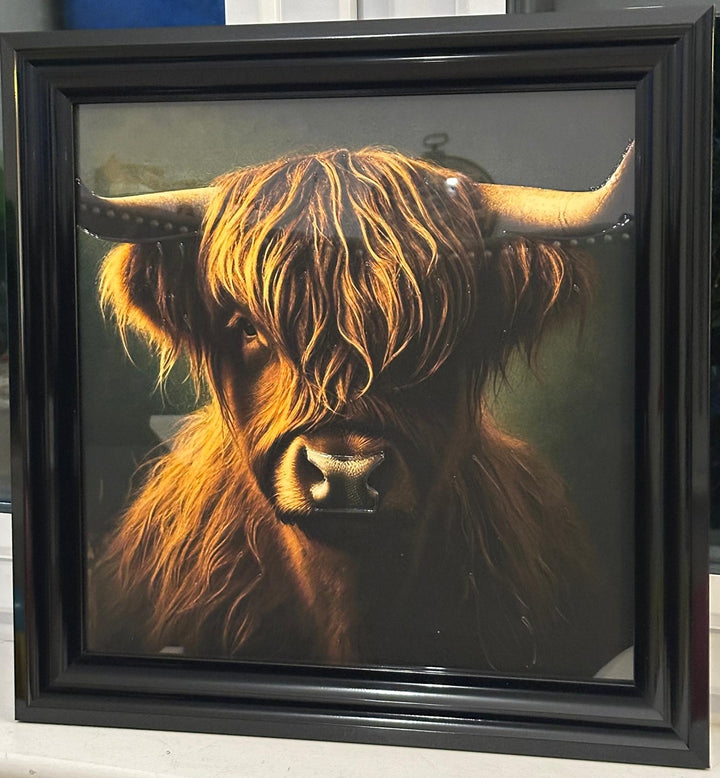 Black Step Frame Stag & Highland Cow Wall Art with liquid art