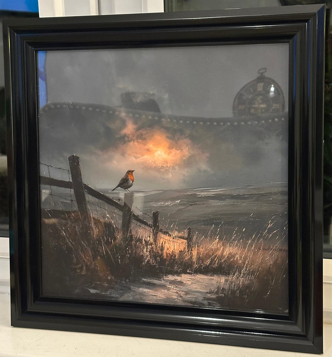 Robin Bird & Pathway Wall Art Black Step Frame Painting Effect Picture