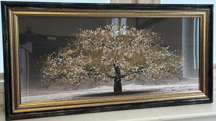 Elegant Black & Gold Two Tone Blossom Trees Framed Art with Liquid Art and Crystals-Assorted colours