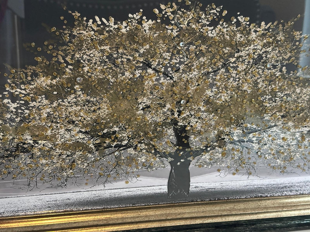 Elegant Black & Gold Two Tone Blossom Trees Framed Art with Liquid Art and Crystals-Assorted colours