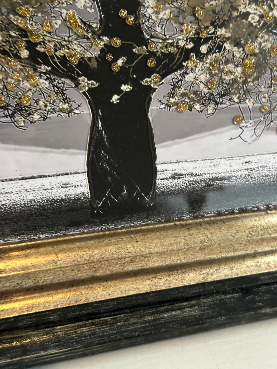 Elegant Black & Gold Two Tone Blossom Trees Framed Art with Liquid Art and Crystals-Assorted colours