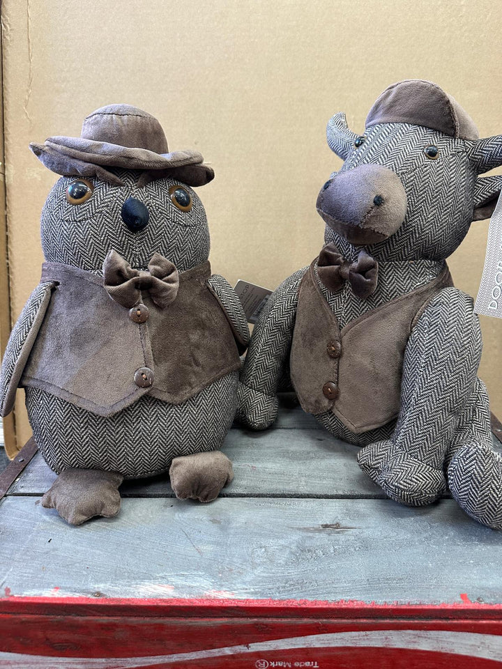 Tweed Woven Owl & Cow Door Stopper with Bow Home Décor, Weighted Animal Door Stop