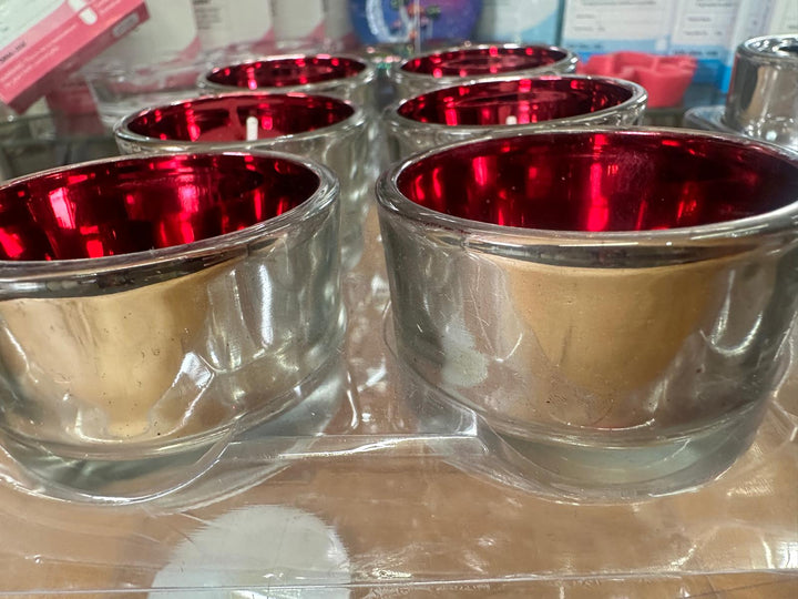 Pack of 6 Red, Silver & Champagne Glass Tea Light Holders Decorative Home Décor
