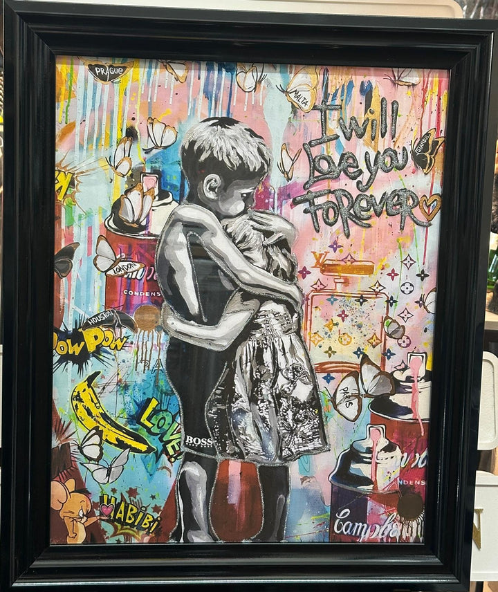 H.58CM-Black Framed Siblings Hugging Banksy Wall Art with Liquid Resin Finish home décor