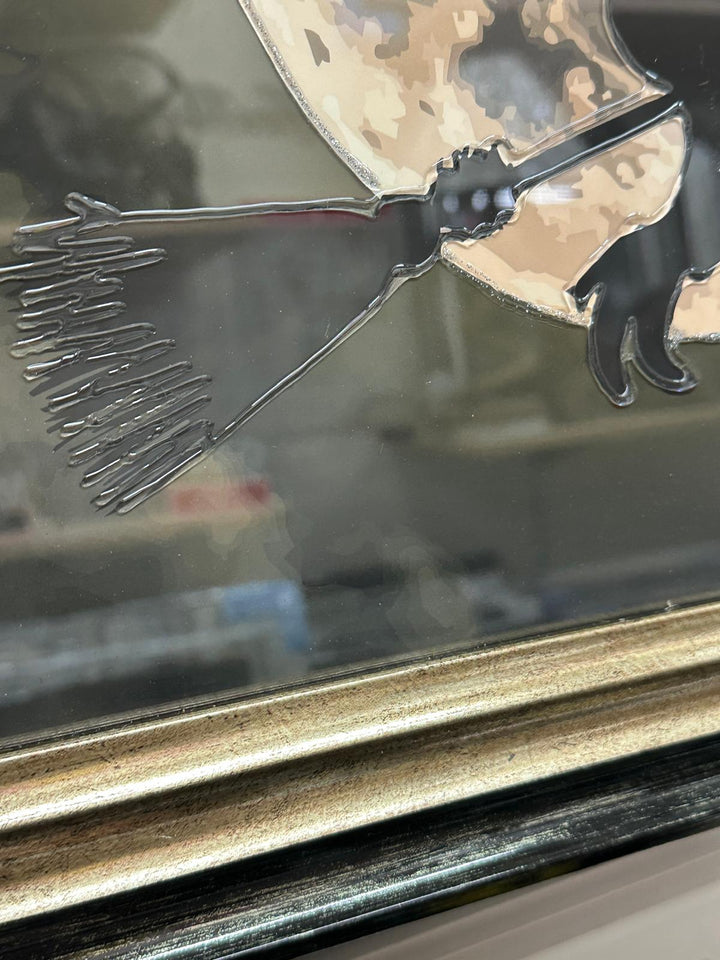 Flying Witch on Broomstick Moon Wall Art Picture – Liquid Resin Art – Two Tone Frame Fantasy Wall Hanging