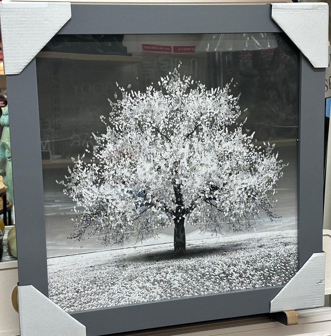 Blossom Tree Wall Art–White, Orange, Green, Yellow, red & Pink with Silver Frame & Liquid Art Crystals