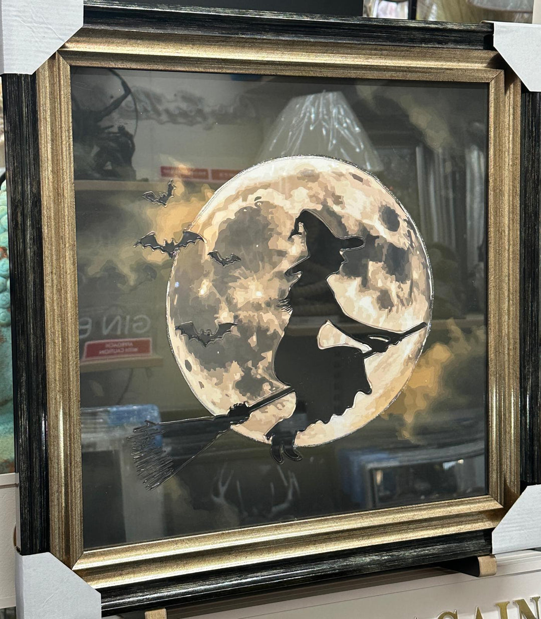 Flying Witch on Broomstick Moon Wall Art Picture – Liquid Resin Art – Two Tone Frame Fantasy Wall Hanging