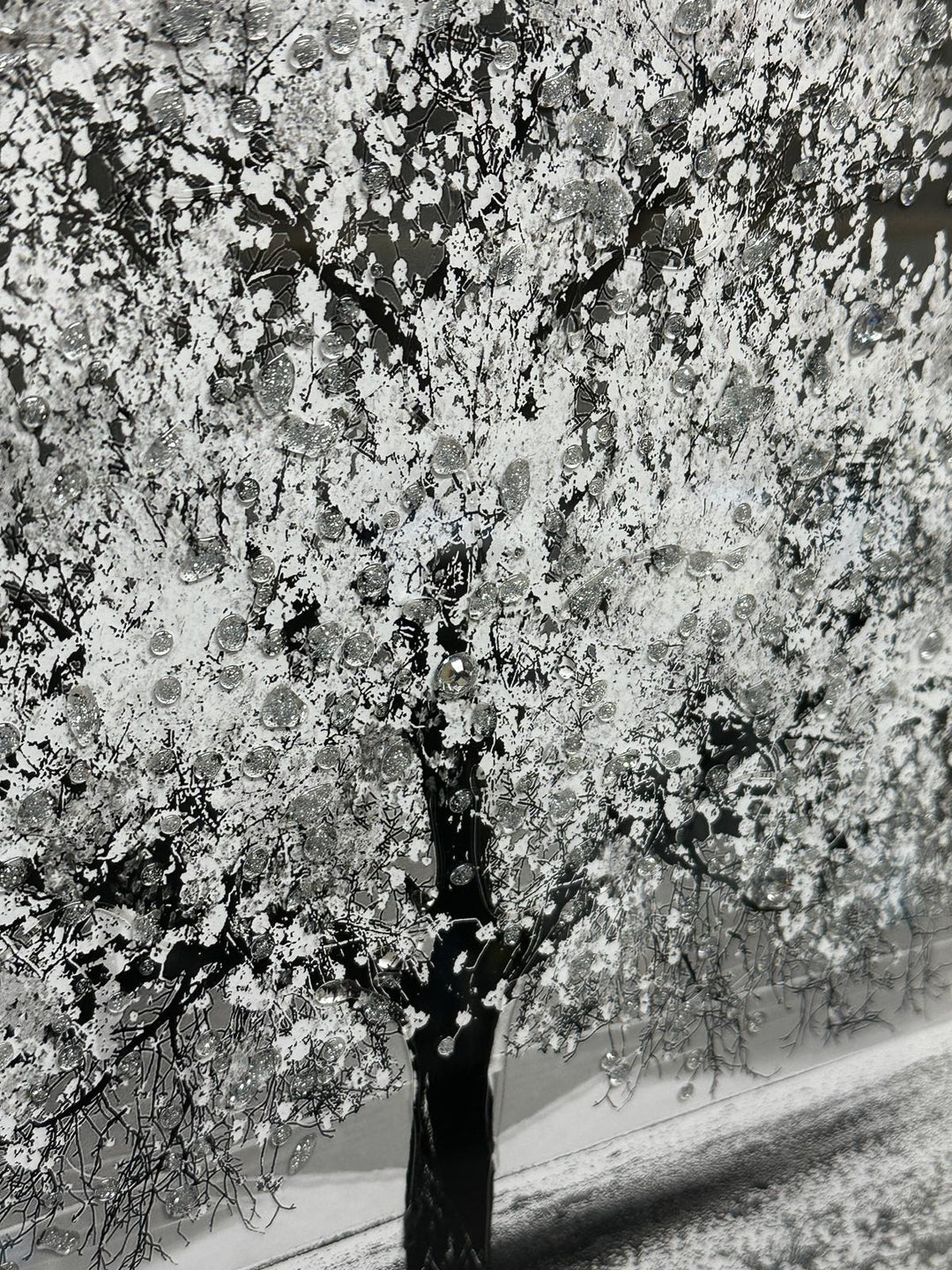 Blossom Tree Wall Art–White, Orange, Green, Yellow, red & Pink with Silver Frame & Liquid Art Crystals
