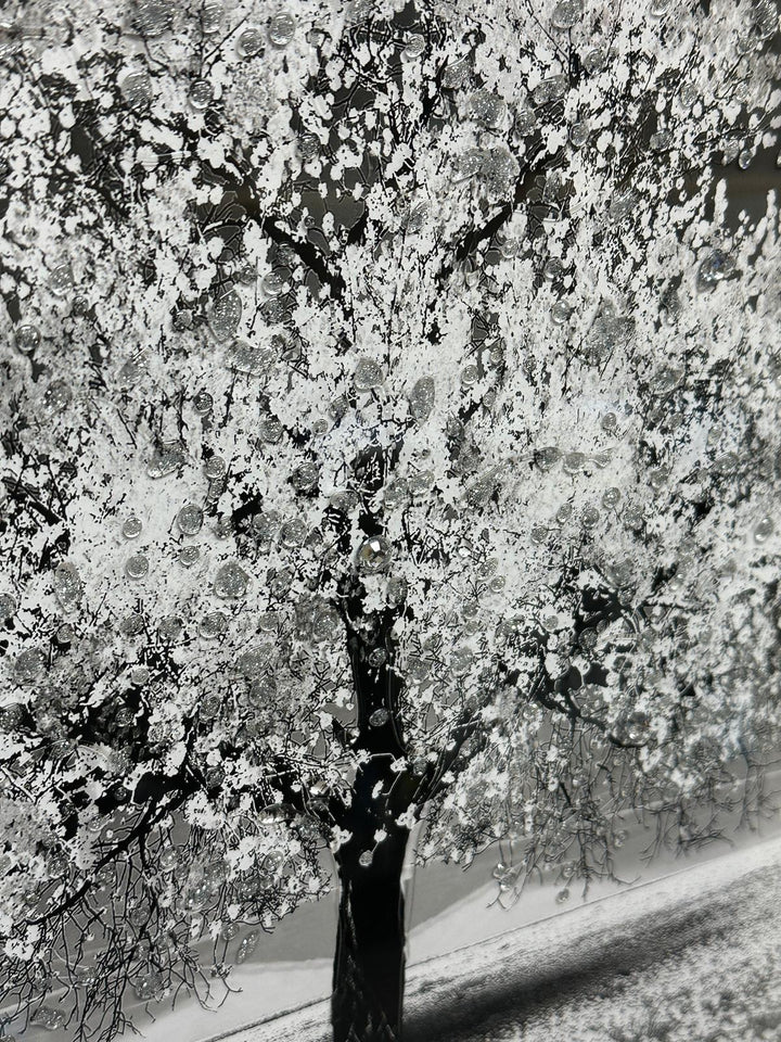 Blossom Tree Wall Art–White, Orange, Green, Yellow, red & Pink with Silver Frame & Liquid Art Crystals