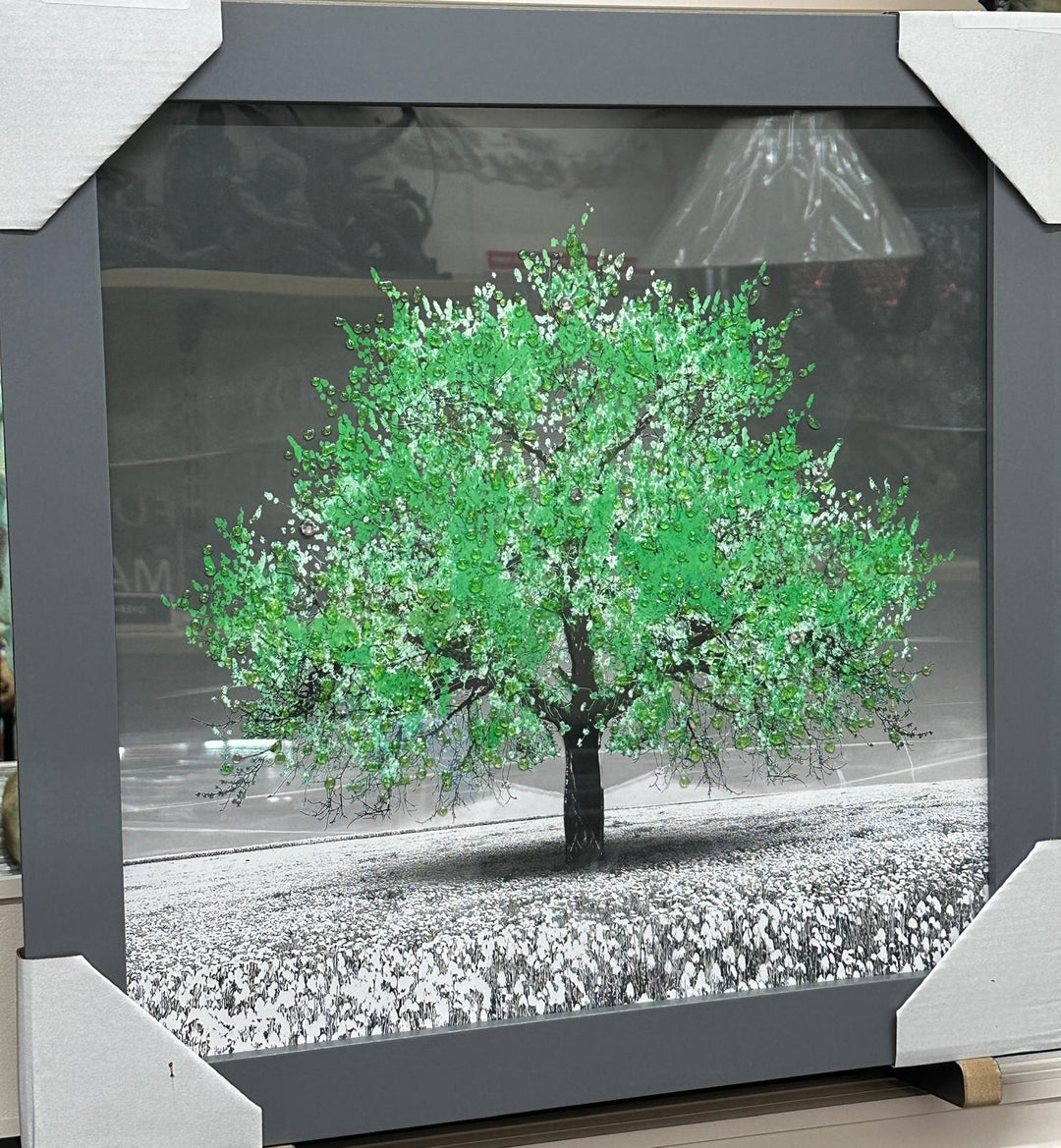 Blossom Tree Wall Art–White, Orange, Green, Yellow, red & Pink with Silver Frame & Liquid Art Crystals