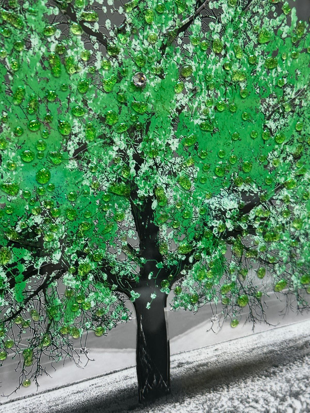 Blossom Tree Wall Art–White, Orange, Green, Yellow, red & Pink with Silver Frame & Liquid Art Crystals