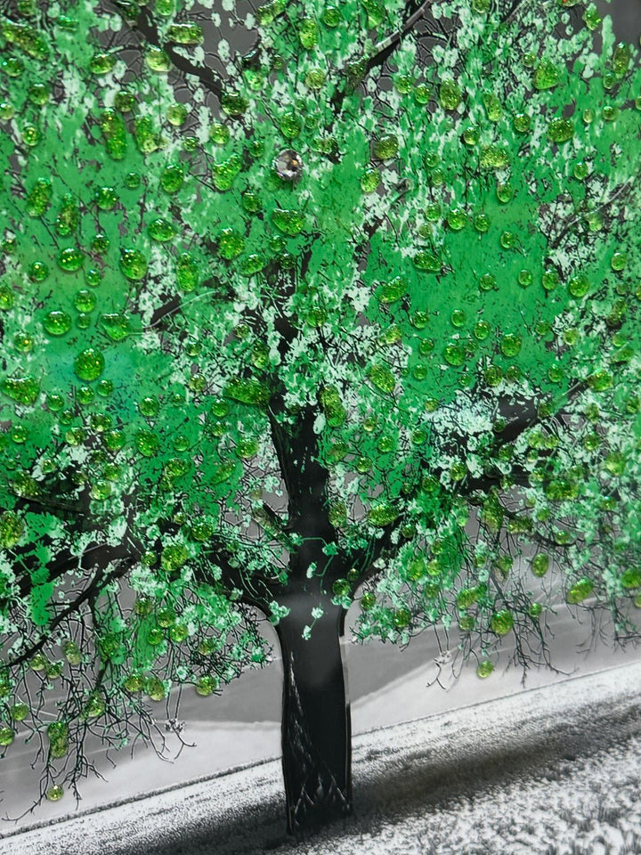 Blossom Tree Wall Art–White, Orange, Green, Yellow, red & Pink with Silver Frame & Liquid Art Crystals