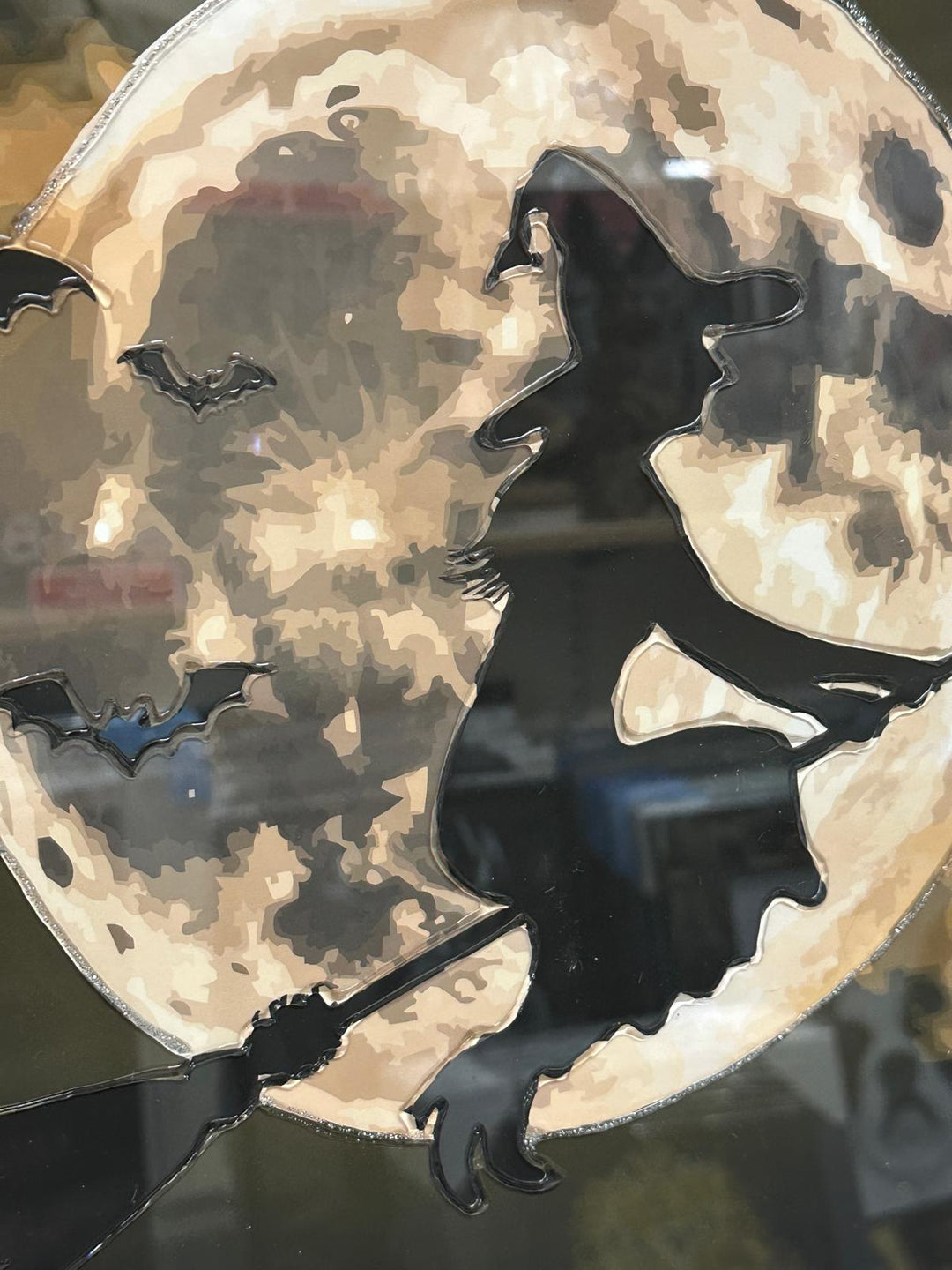 Flying Witch on Broomstick Moon Wall Art Picture – Liquid Resin Art – Two Tone Frame Fantasy Wall Hanging