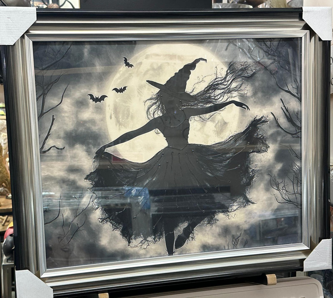 Flying Witch on Broomstick Moon Wall Art Picture – Liquid Resin Art – Two Tone Frame Fantasy Wall Hanging