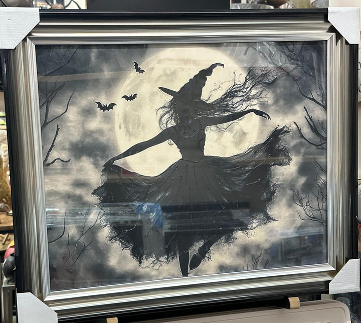 Flying Witch on Broomstick Moon Wall Art Picture – Liquid Resin Art – Two Tone Frame Fantasy Wall Hanging