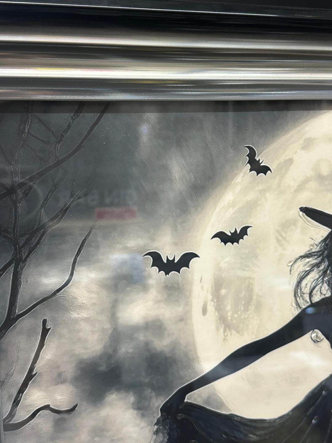 Flying Witch on Broomstick Moon Wall Art Picture – Liquid Resin Art – Two Tone Frame Fantasy Wall Hanging