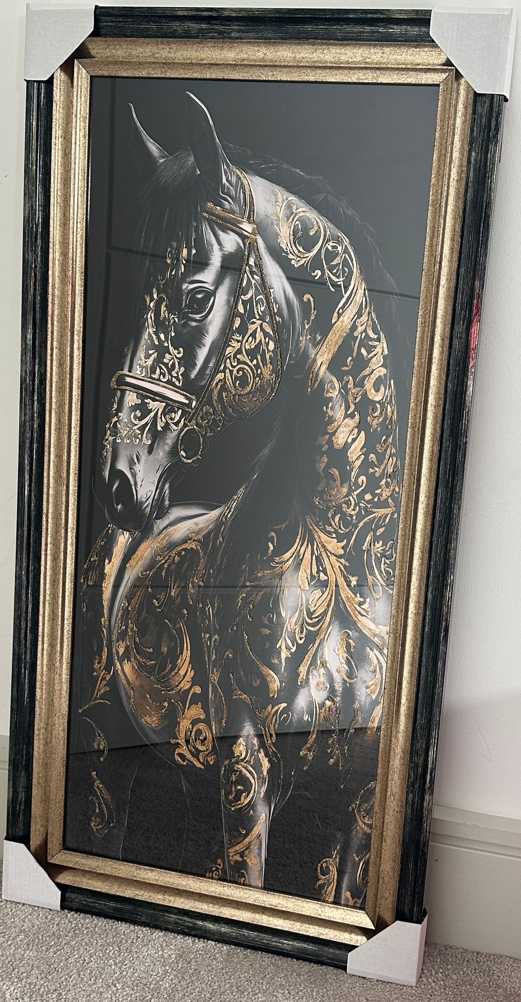 Black Horse with Gold liquid Art Resin and Two Tone Black & Gold frame picture