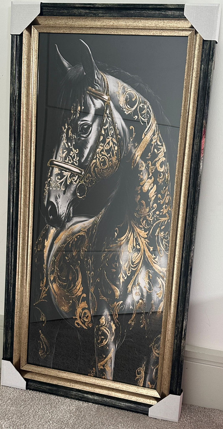 Black Horse with Gold liquid Art Resin and Two Tone Black & Gold frame picture