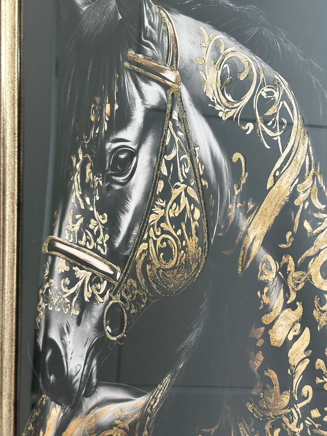 Black Horse with Gold liquid Art Resin and Two Tone Black & Gold frame picture