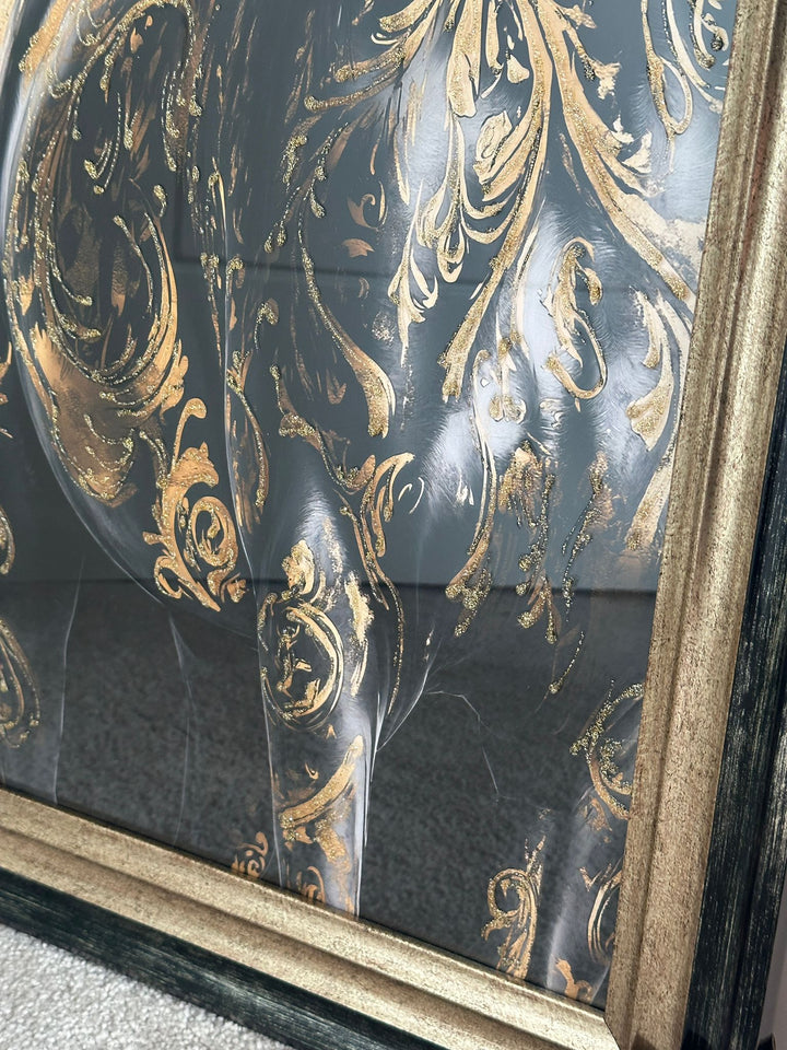 Black Horse with Gold liquid Art Resin and Two Tone Black & Gold frame picture