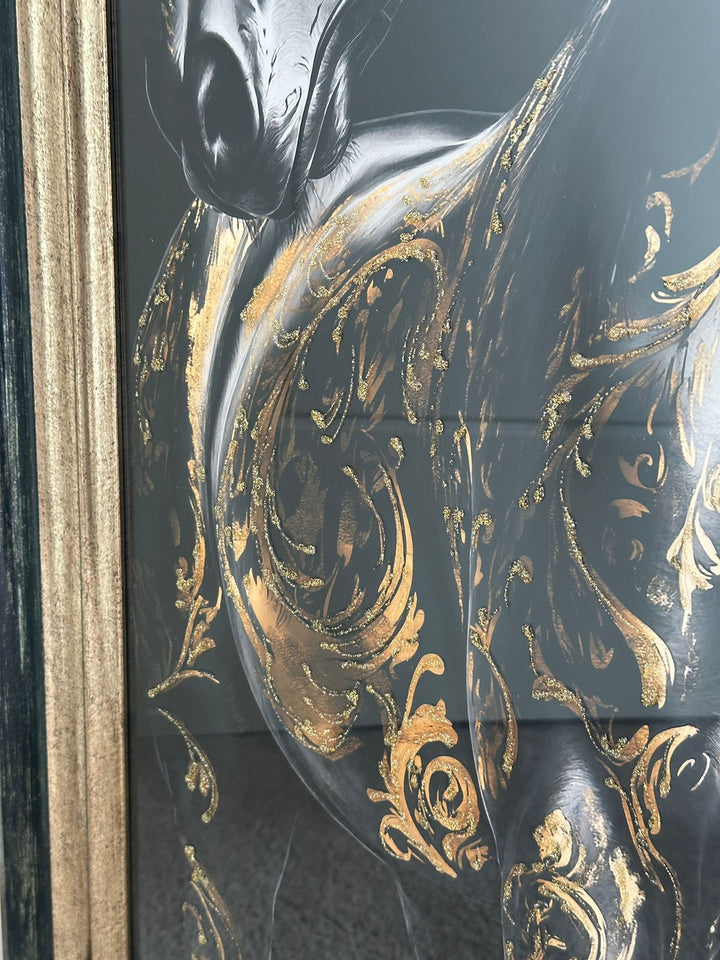 Black Horse with Gold liquid Art Resin and Two Tone Black & Gold frame picture