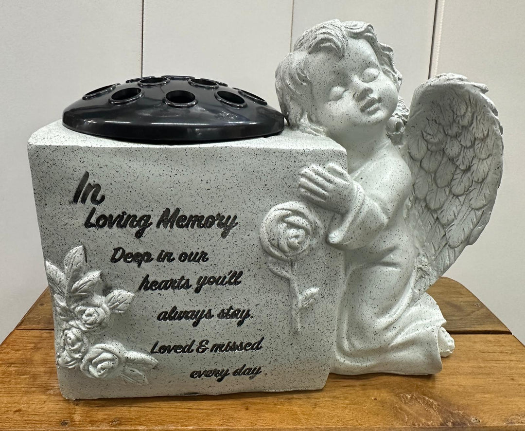 Graveside Memorial Flower Vase Pot with Cherub – Memory Tribute Ornament for Headstone Remembrance