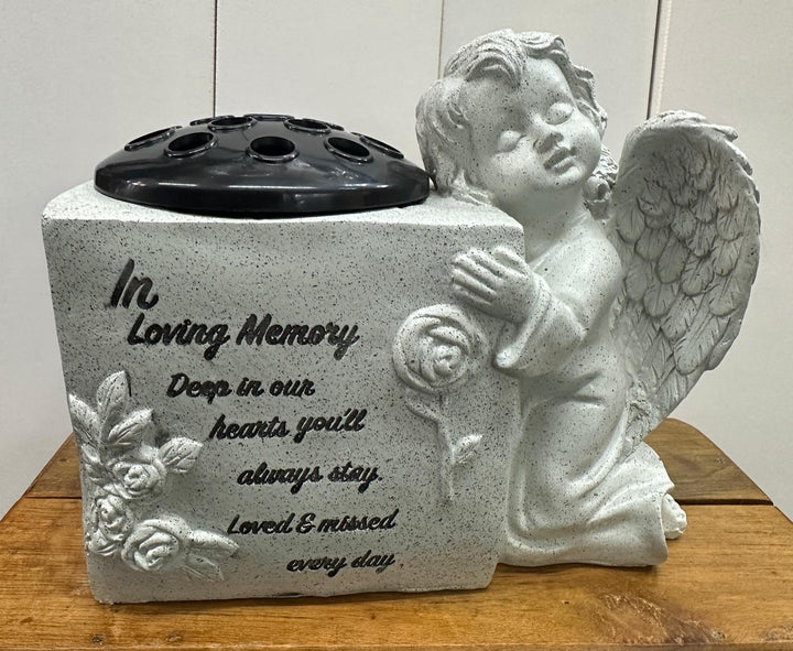 Graveside Memorial Flower Vase Pot with Cherub – Memory Tribute Ornament for Headstone Remembrance
