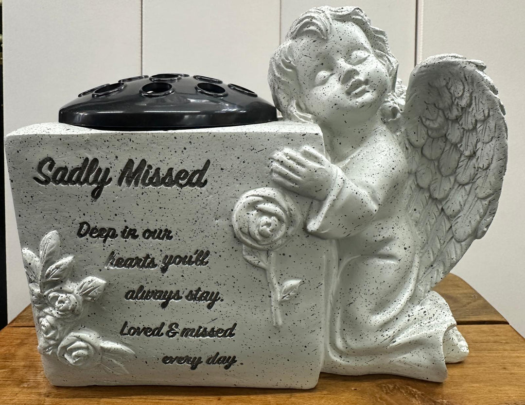 Graveside Memorial Flower Vase Pot with Cherub – Memory Tribute Ornament for Headstone Remembrance