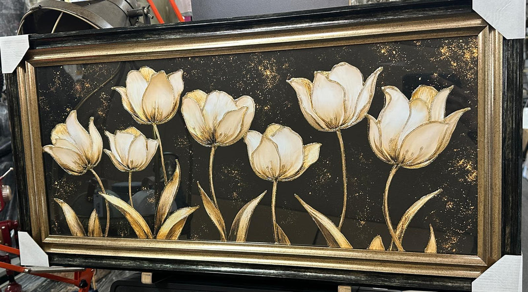 Cream Flowers Black & Gold Liquid Art Resin Wall Art with Two-Tone Black & Gold Frame | Luxury Floral