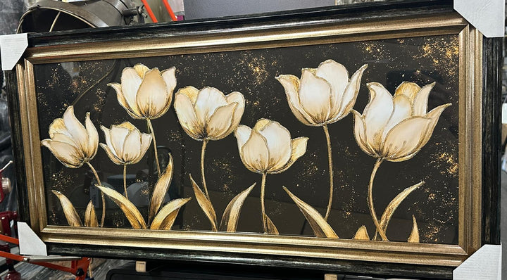 Cream Flowers Black & Gold Liquid Art Resin Wall Art with Two-Tone Black & Gold Frame | Luxury Floral