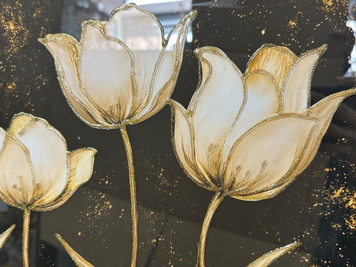 Cream Flowers Black & Gold Liquid Art Resin Wall Art with Two-Tone Black & Gold Frame | Luxury Floral