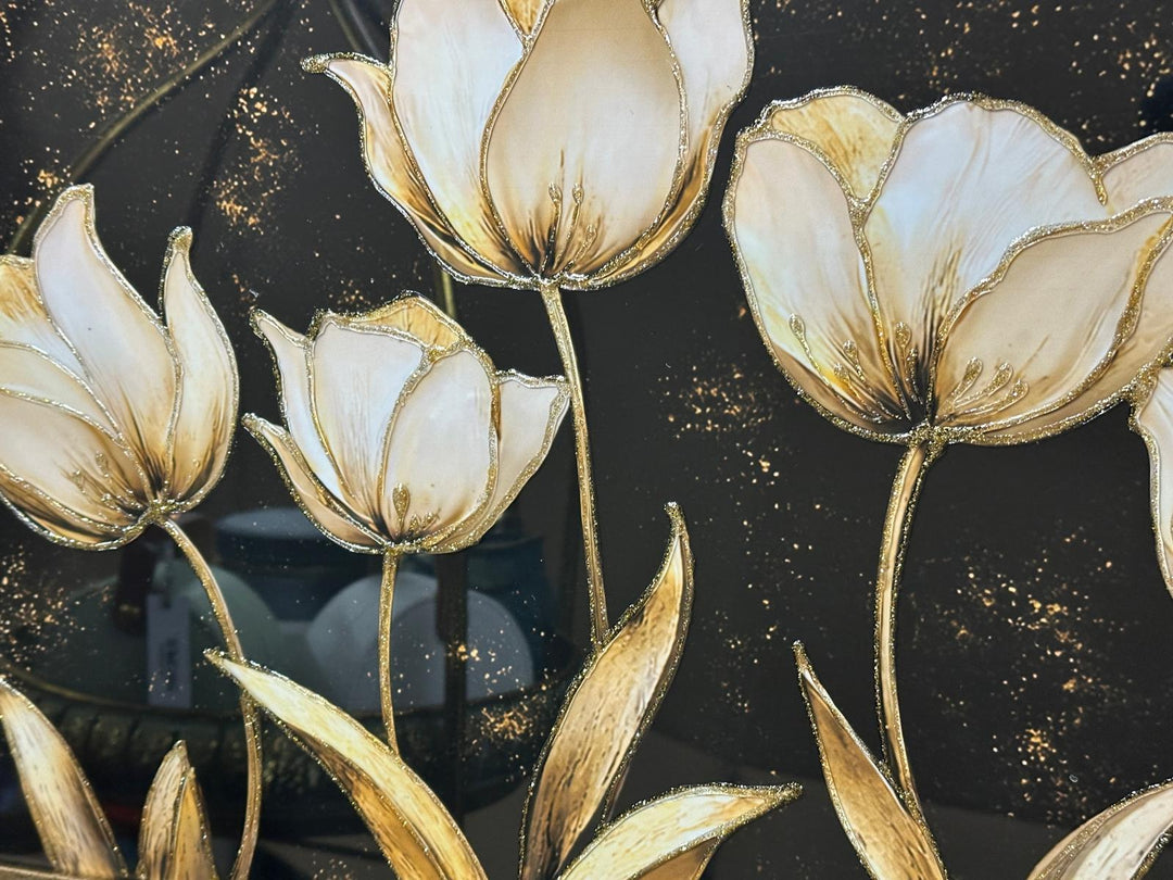 Cream Flowers Black & Gold Liquid Art Resin Wall Art with Two-Tone Black & Gold Frame | Luxury Floral