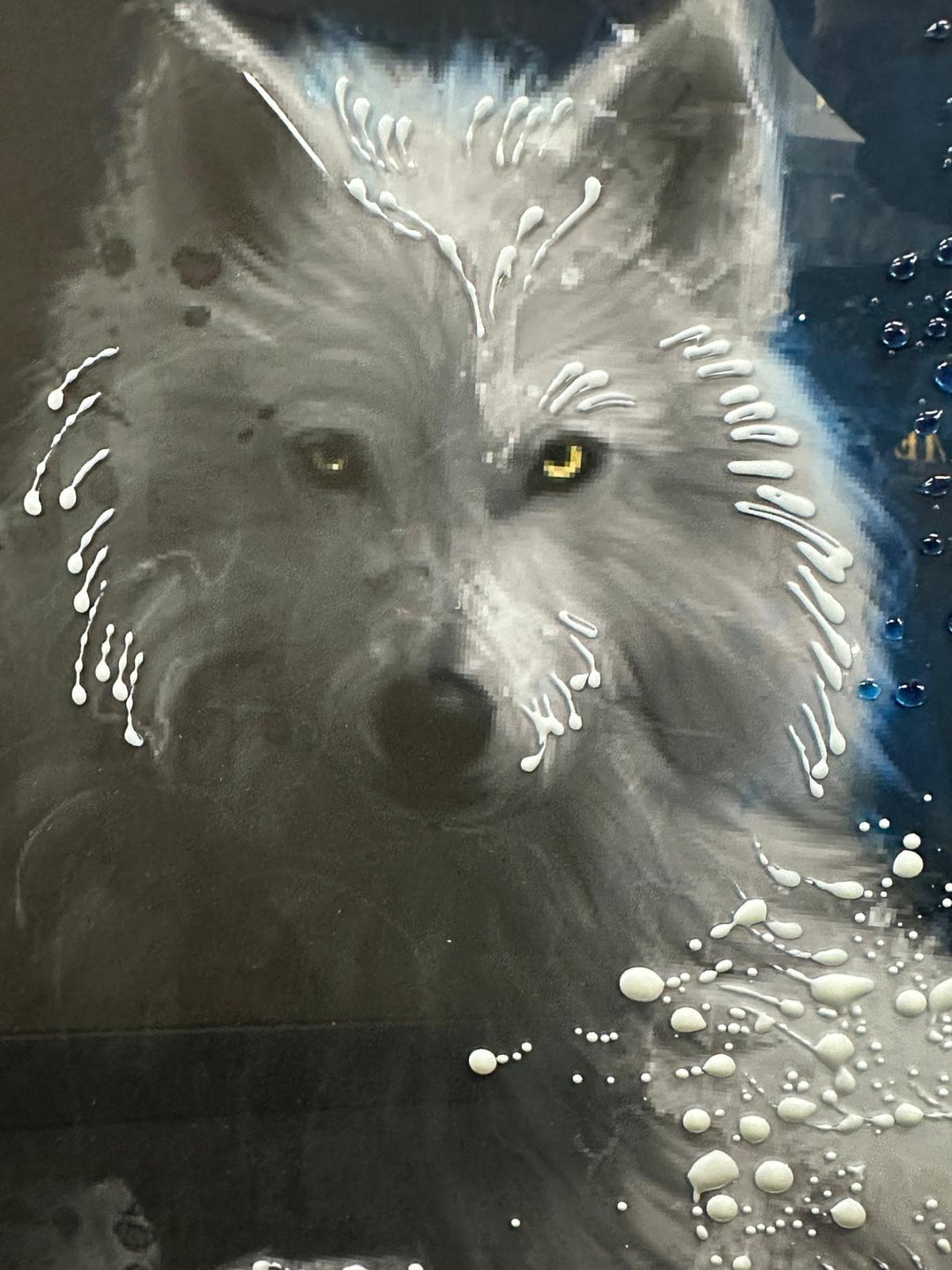 White Wolf Night Scene Liquid Art Resin Wall Art with Two-Tone Black & Silver Frame | Mystical Wildlife Décor