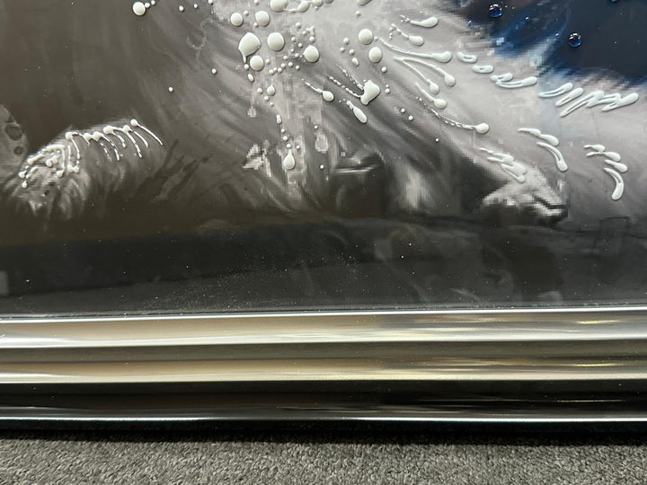 White Wolf Night Scene Liquid Art Resin Wall Art with Two-Tone Black & Silver Frame | Mystical Wildlife Décor