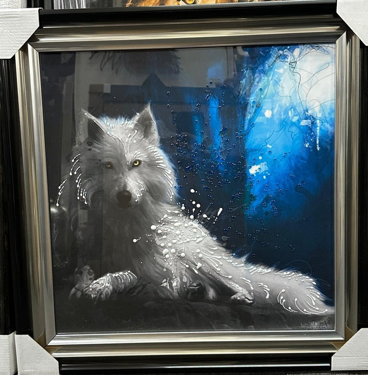 White Wolf Night Scene Liquid Art Resin Wall Art with Two-Tone Black & Silver Frame | Mystical Wildlife Décor