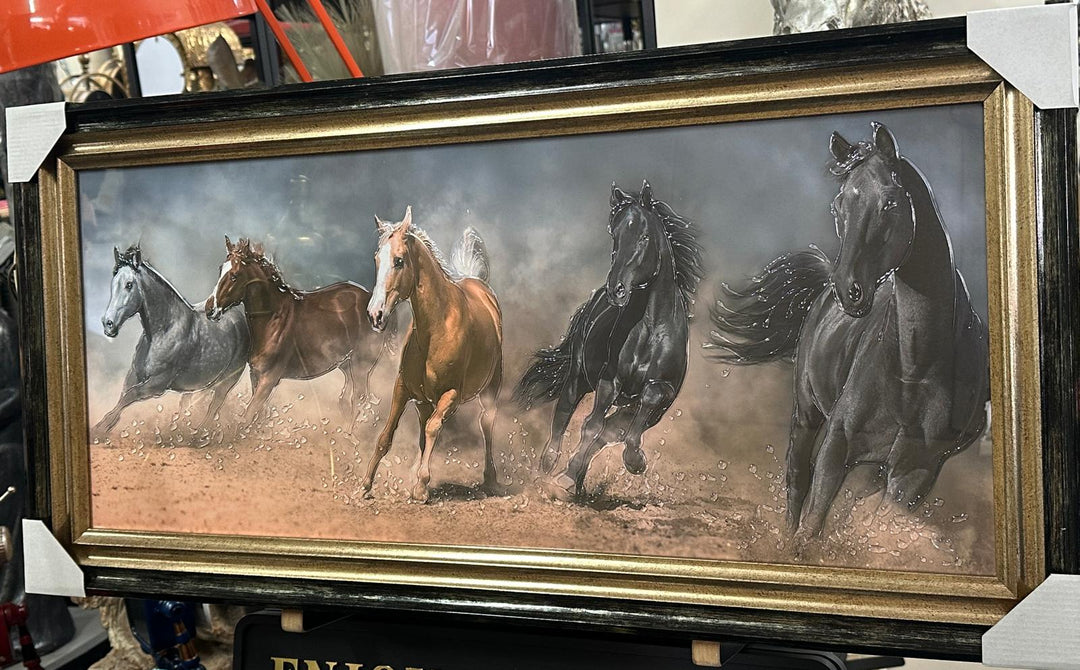 Vibrant Galloping Horses Liquid Art Resin Wall Art with Two-Tone Black & Gold Frame | Colourful Equestrian Decor | Luxury Modern Statement Piece