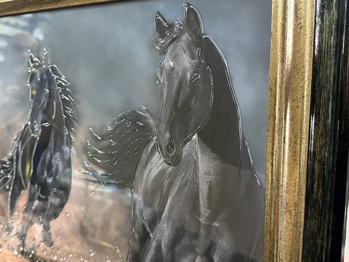 Vibrant Galloping Horses Liquid Art Resin Wall Art with Two-Tone Black & Gold Frame | Colourful Equestrian Decor | Luxury Modern Statement Piece