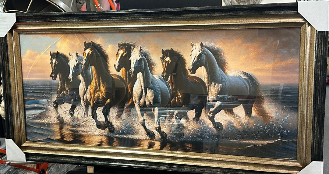 Vibrant Galloping Horses Liquid Art Resin Wall Art with Two-Tone Black & Gold Frame | Colourful Equestrian Decor | Luxury Modern Statement Piece