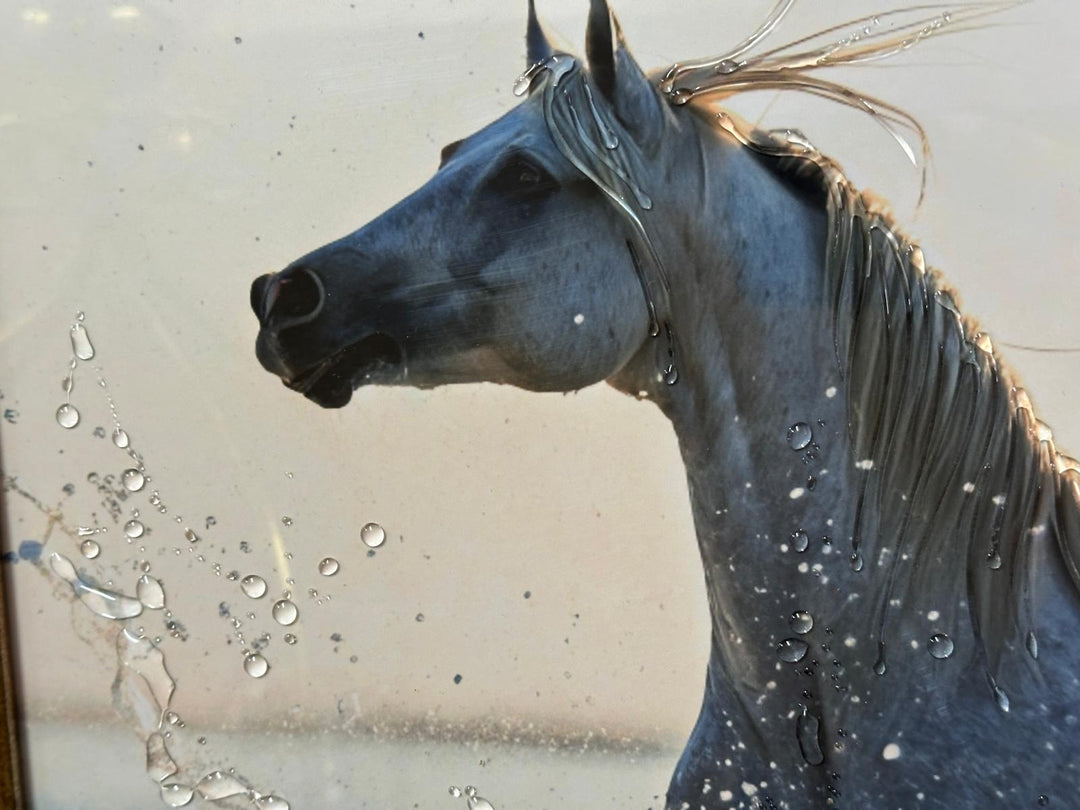 White & Black Horse Liquid Art Wall Art with Two-Tone Black & Gold Frame | Elegant Equestrian Resin Artwork