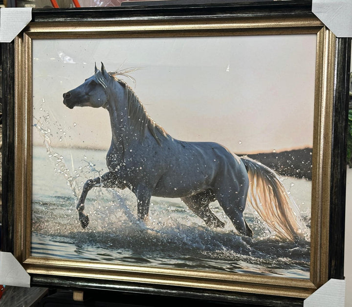 White & Black Horse Liquid Art Wall Art with Two-Tone Black & Gold Frame | Elegant Equestrian Resin Artwork