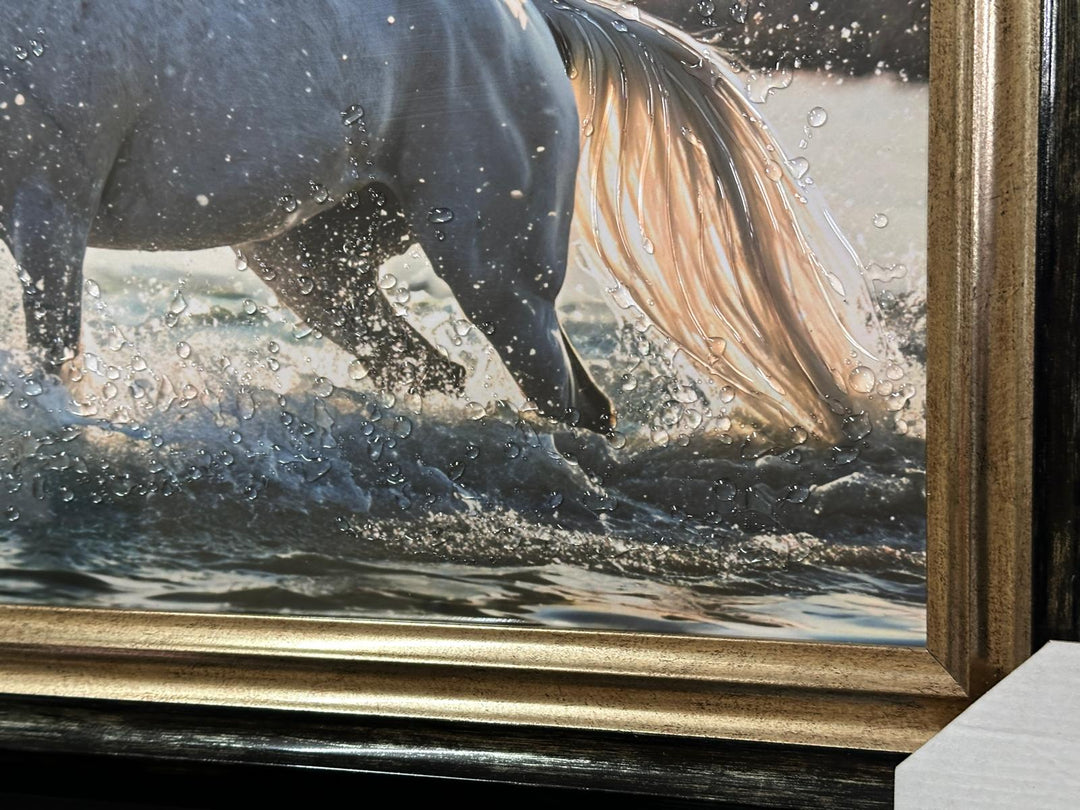White & Black Horse Liquid Art Wall Art with Two-Tone Black & Gold Frame | Elegant Equestrian Resin Artwork