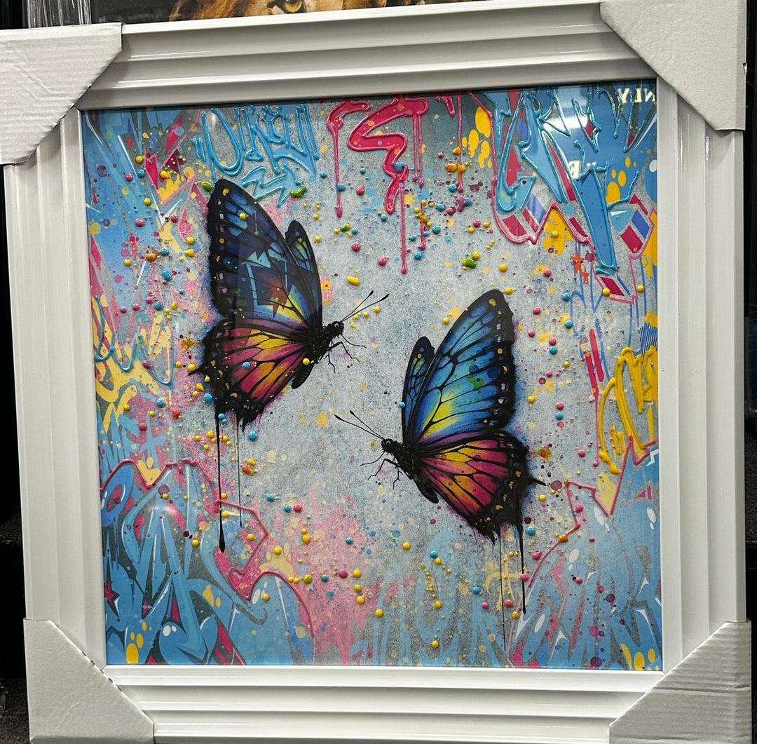 Multi Colour 2 Butterfly Drip Art Resin Picture | Liquid Abstract Wall Art in White Step Frame | Contemporary Home Decoration