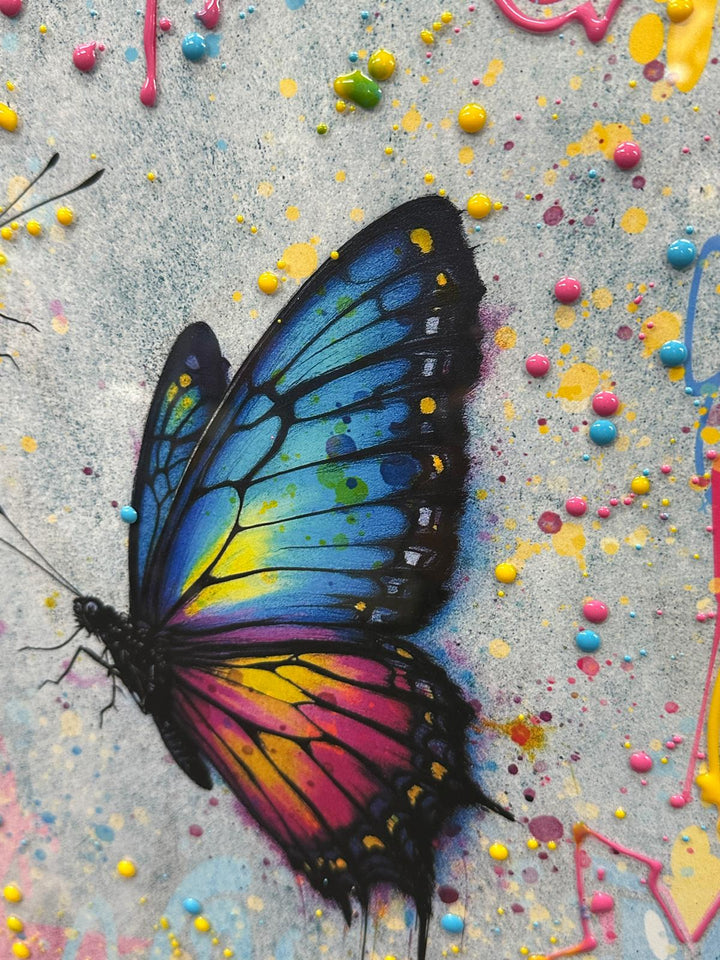 Multi Colour 2 Butterfly Drip Art Resin Picture | Liquid Abstract Wall Art in White Step Frame | Contemporary Home Decoration