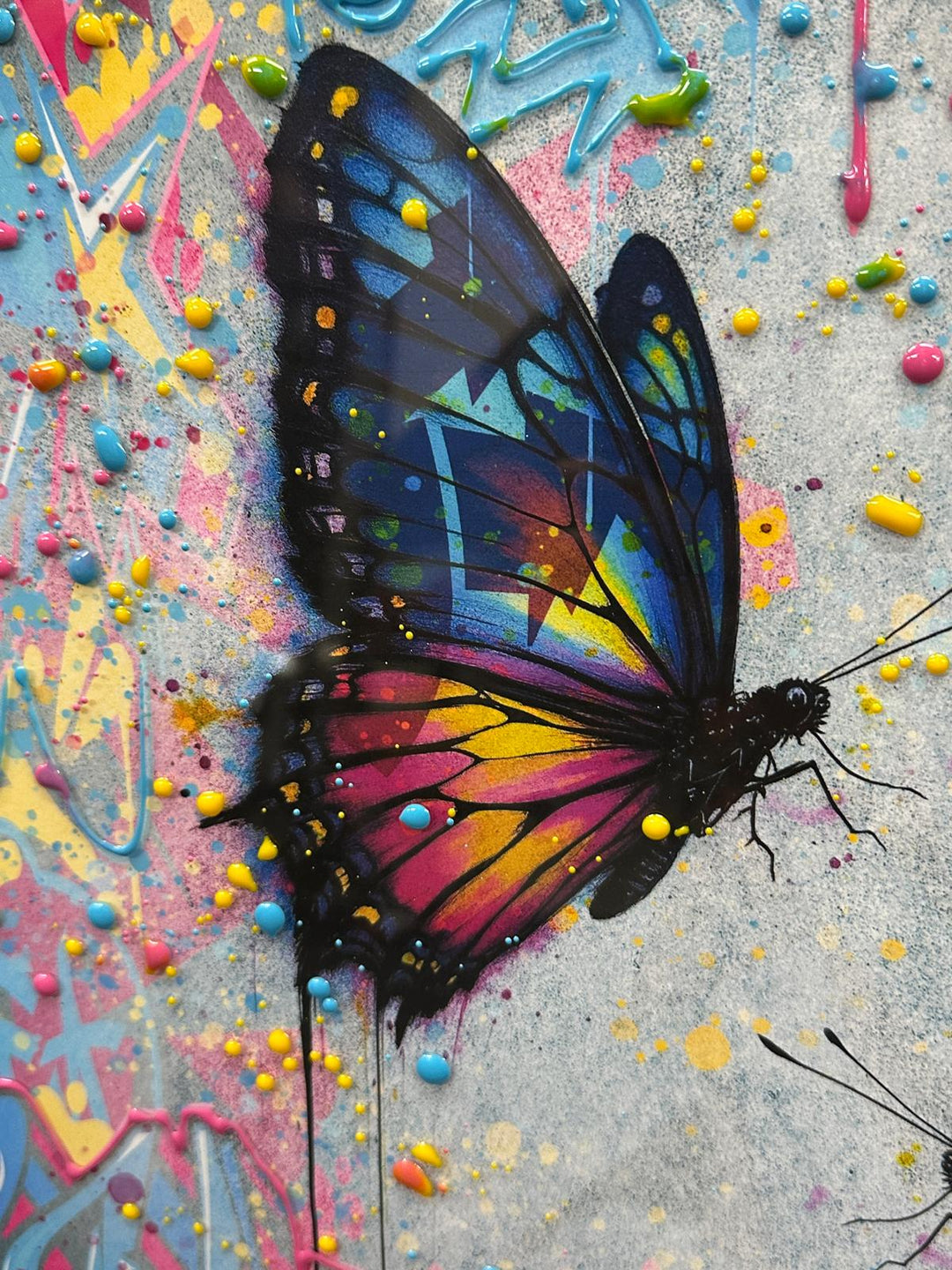 Multi Colour 2 Butterfly Drip Art Resin Picture | Liquid Abstract Wall Art in White Step Frame | Contemporary Home Decoration