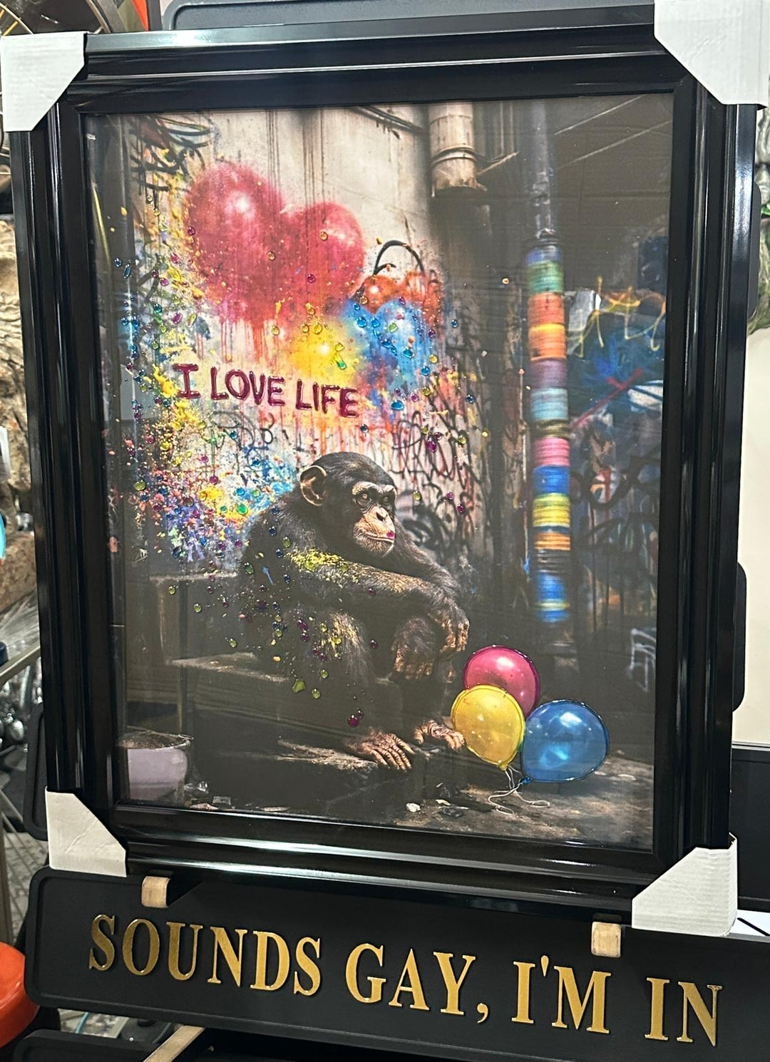 Banksy Inspired Monkey “I Love Life” Resin Wall Art | Liquid Abstract Graffiti Picture in Black Frame | Contemporary Street Art Decor