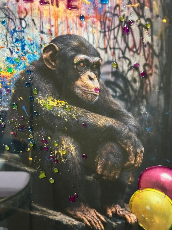 Banksy Inspired Monkey “I Love Life” Resin Wall Art | Liquid Abstract Graffiti Picture in Black Frame | Contemporary Street Art Decor