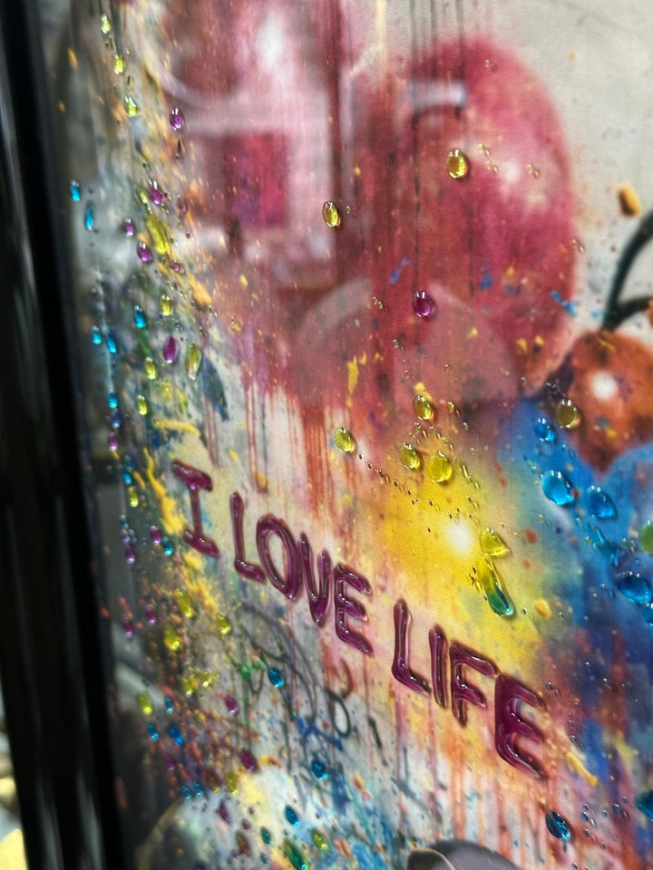 Banksy Inspired Monkey “I Love Life” Resin Wall Art | Liquid Abstract Graffiti Picture in Black Frame | Contemporary Street Art Decor