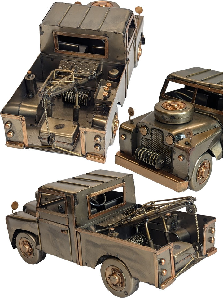 Polished Metal Vehicle Sculptures – Hot Rod, Tractor, 4×4 Wagon, Brooklands Racer & Tow Truck